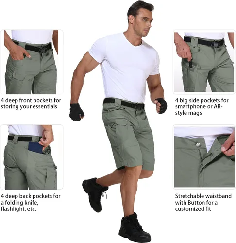 Vista 5 de URBEST Pantalones cortos tácticos para hombre, impermeables, transpirables, de secado rápido, para senderismo, pesca, con múltiples bolsillos