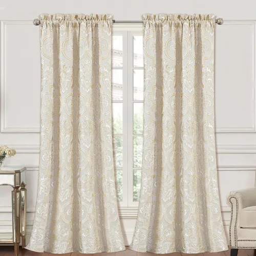 Vista 16 de Loom and Mill - Cortinas de lujo de jacquard para dormitorio, cortinas de damasco beige de 2 paneles con alzapaños, elegante cortina de ventana