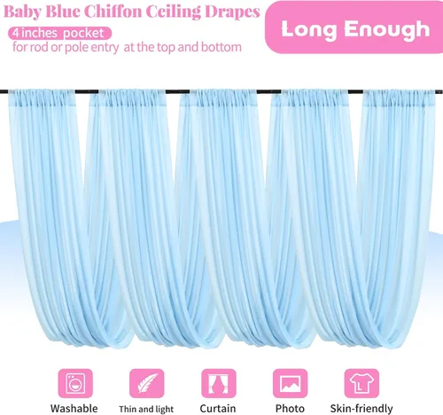 Vista 3 de 6 Paneles de Cortinas de Techo Azul Bebé para Boda, Cortinas de Techo de 5 pies x 30 pies, Tela de Cortina para Arco de Boda, Cortinas Transparentes