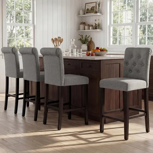 Vista 12 de GOTMINSI Taburetes de tela beige de 24 pulgadas, juego de 2 sillas tapizadas de altura de mostrador con decoración copetuda de estilo ocio