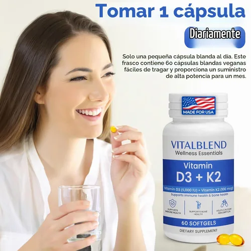 Vista 2 de Cápsulas blandas de vitamina D3 K2, 5000 UI D3 con K2 MK-7, suplemento de apoyo óseo y cardíaco – Fórmula a base de aceite de alta absorción, sin OMG