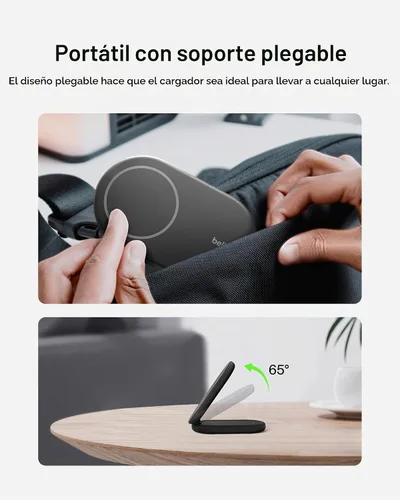 Vista 3 de Belkin Soporte de carga inalámbrico plegable magnético de 15 W, cargador certificado Qi2 compatible con MagSafe, soporte de carga inalámbrico