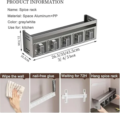 Vista 4 de Organizador de especias con 3 cajas – Estante fuerte montado en la pared/encimera para armario interior – Almacenamiento de hierbas de cocina