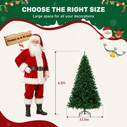 Vista 2 de 4.5 Ft Artificial Green Christmas Tree for Holiday Home Decor Classic Full hinged evergreen spruce tree with realistic flame-retardant branch tips