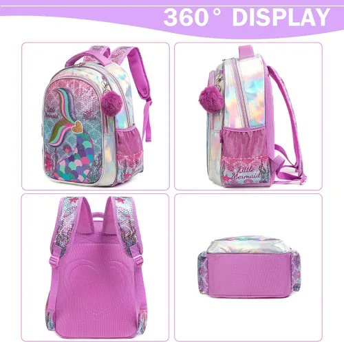 Vista 14 de Mochila para niñas de 16 pulgadas, mochilas para niñas para la escuela, mochila de lentejuelas con lonchera para estudiantes de primaria