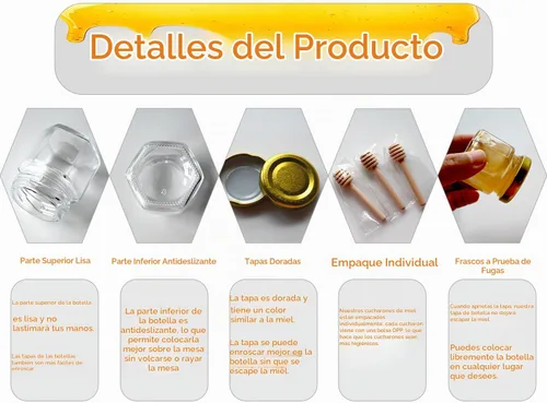 Vista 5 de Adabocute Mini tarros de miel – Tarro hexagonal de miel de vidrio con tapas doradas, cubos de madera, abalorios de abeja y yutes – Pequeños tarros