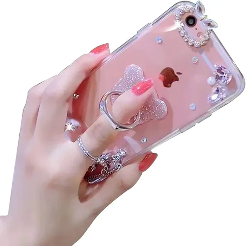 Vista 2 de LCHDA - Funda con soporte para anillo compatible con iPhone 15 de 6.1 pulgadas, bonita funda protectora de lujo con diamantes de imitación
