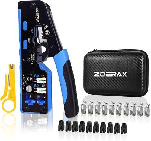 Vista 8 de Herramienta de crimpado RJ45, kit de herramientas de crimpado Cat7 Cat6 Cat5 con cortador de alambre, probador de cables de red, mini pelacables