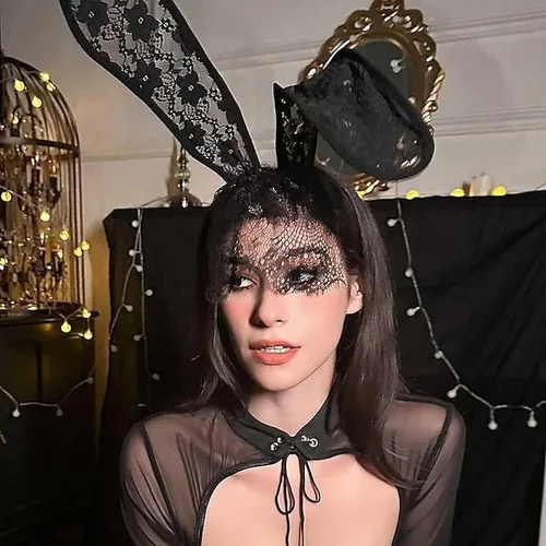 Vista 2 de EVILD Diadema negra con orejas de conejo de encaje, decoración de fiesta, banda para el cabello