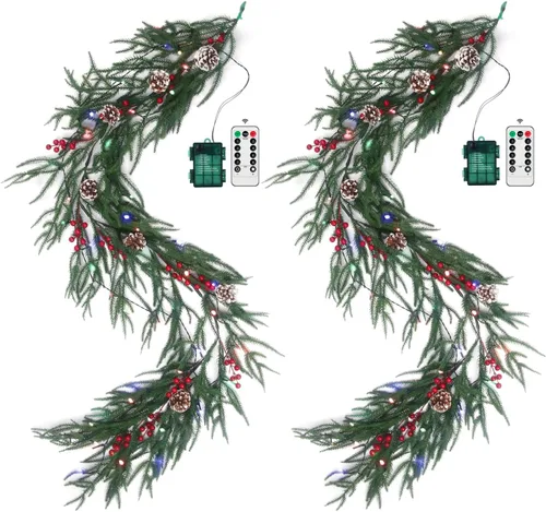 Vista 10 de Guirnalda de Navidad de 6 pies de pino de Norfolk preiluminada con bayas rojas y bolas de cedro, luces LED y control remoto – Guirnalda iluminada a