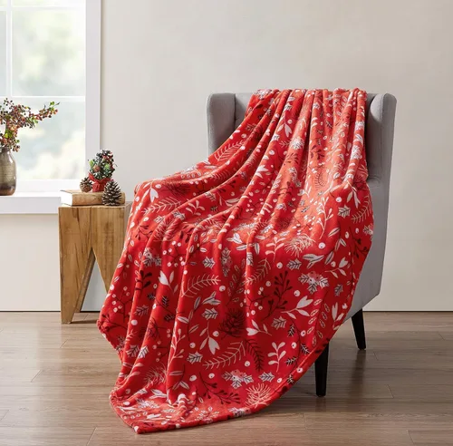 Vista 44 de Manta de Forro Polar para las Fiestas Navideñas: Corona Tradicional de Decoración del Hogar con Saludos Cheers Merry Peace Joy sobre Fondo Beige