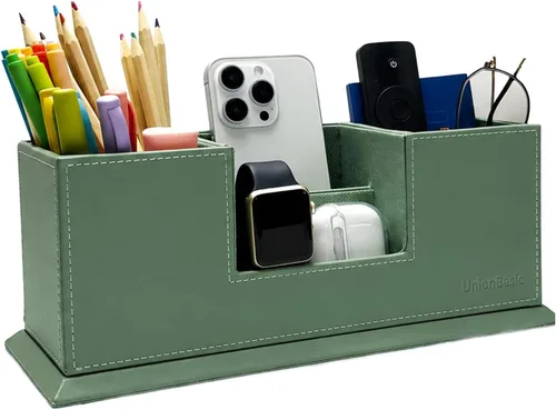 Vista 10 de UnionBasic - Organizador de escritorio de cuero sintético con 4 compartimentos, para tarjetas, bolígrafos, lápices, teléfonos celulares, suministros