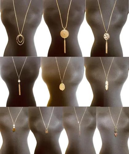 Vista 10 de 10 piezas de collar largo con dije de barra de luna simple, tres triángulos, borla bloqueo, suéter en forma de Y, gargantilla de cadena punk