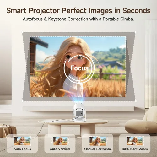 Vista 10 de Mini proyector con Wifi 6 y Bluetooth 5.4, proyector portátil inteligente 4K, Android 14 y 400 ANSI, enfoque automático y Keystone, proyector