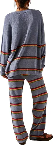 Vista 4 de Conjunto de 2 piezas de punto para mujer, suéter suelto con estampado de rayas Y2K + pantalones elásticos, ropa estética urbana