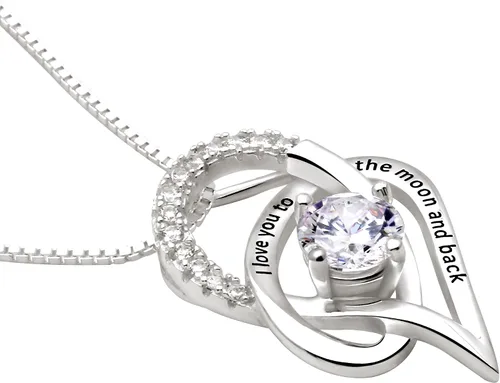 Vista 2 de ALOV Collar con dije de plata fina con forma de corazón con la frase "I love you to the moon and back
