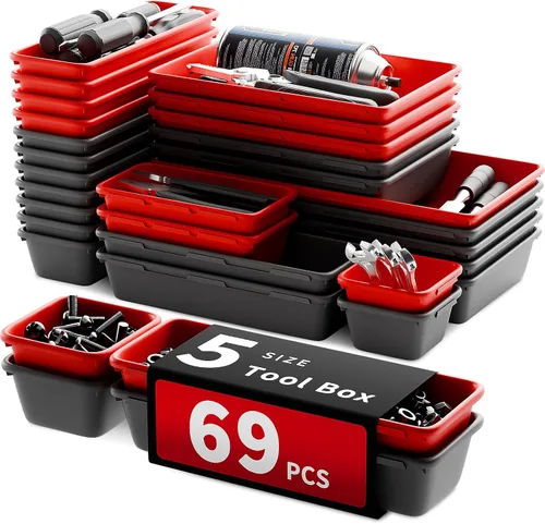 Vista 8 de Organizador de cajones de herramientas de 5 tamaños - Bandeja de 69 piezas, organizador de cajones de escritorio y baúl de herramientas rodante Negro
