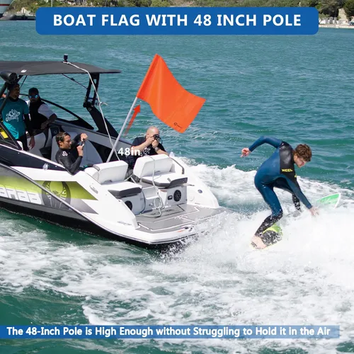 Vista 5 de Bandera de barco naranja de 48 pulgadas, bandera de esquí acuático, bandera flotante para esquiador y cuerda de wakesurf de 25 pies para Wake