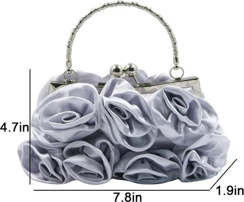 Vista 7 de RARITYUS Bolso de noche para mujer con forma de rosa de satén sedoso con elegante asa de metal para fiesta, boda