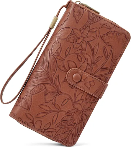 Vista 8 de SENDEFN Cartera de piel con cierre RFID para mujer, con cierre de cremallera, de gran capacidad, con correa para la muñeca, Marrón, Classic