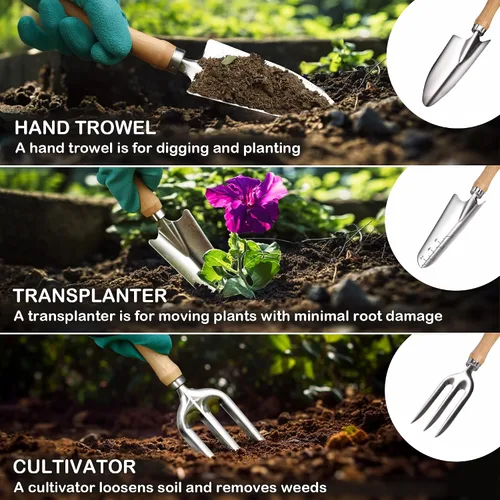 Vista 6 de Bluemars Kit de herramientas de mano de jardinería, 14 piezas, juego de herramientas de jardín de acero inoxidable resistente con bolsa de jardín