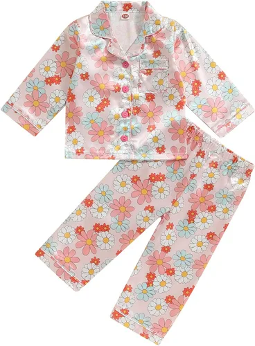 Vista 21 de Conjunto de pijama de satén para niños, niña y niño, con botones, camiseta para dormir+pantalones largos, ropa para dormir y de estar en casa W Rosa