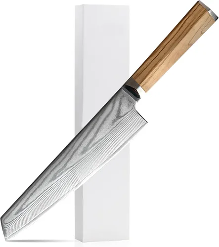 Vista 7 de Cuchillo Santoku de 8 pulgadas, cuchillo de cocina japonés profesional con acero de Damasco de 66 capas, borde afilado, mango ergonómico