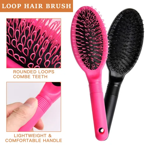 Vista 3 de Loop Wig Brush Akamino - Cepillo desenredante para cabello humano y sintético Remy, rosa y negro, 2 piezas