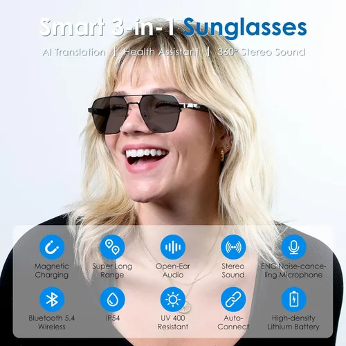 Vista 4 de GetD AI Smart Glasses Aviator, traducción en tiempo real, gafas Bluetooth AI Sunglasses for Women Men, Polarized Lens, Bluetooth Open Earbuds, 11H