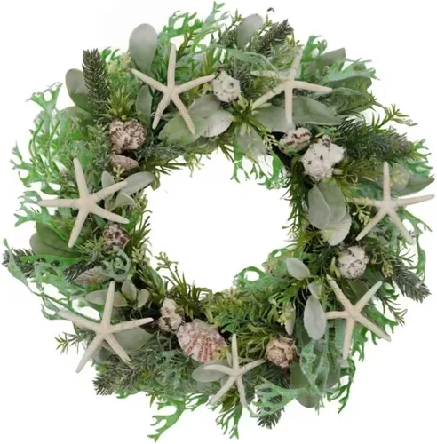 Vista 10 de Idyllic Corona de conchas marinas de 18 pulgadas con hojas verdes para puerta delantera y boda, corona rústica de conchas de estrella de mar