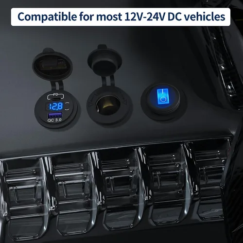 Vista 6 de DaierTek Paquete de 3 enchufes de cargador de coche USB C de 12 V, 48 W PD y QC 3.0 de carga rápida con voltímetro e interruptor
