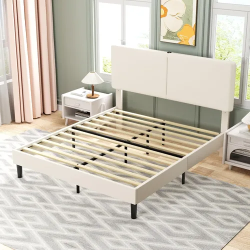 Vista 8 de VECELO Base de cama Queen con puertos tipo C y USB, plataforma tapizada de algodón y lino ajustable en altura ajustable, no necesita somier, sin