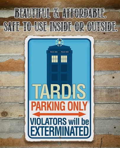 Vista 3 de Letrero de metal – Tardis Parking Only – Letrero de metal duradero – Uso en interiores y exteriores – Es una gran decoración para el hogar y regalo