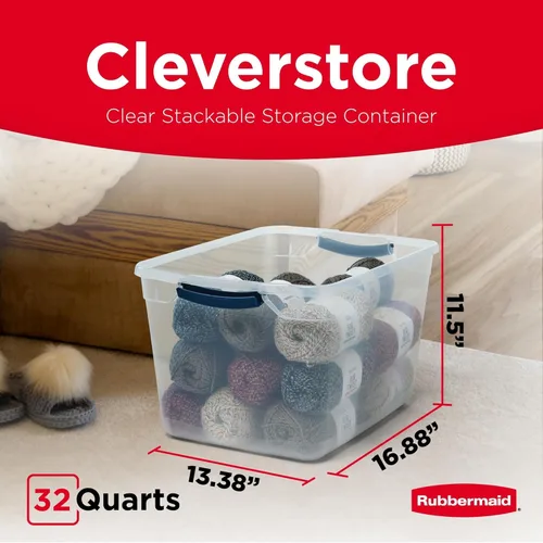 Vista 2 de Rubbermaid Cleverstore Clear 32 Qt, paquete de 6 contenedores de almacenamiento de plástico apilables con tapas, excelentes para almacenamiento
