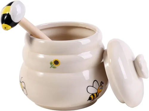 Vista 3 de Tarro de Miel Cerámico con Cuchara de Miel de Madera - Tarro de Miel con Cuchara - Tarro de Miel con Soporte, Gran Decoración de Abeja - Decoración