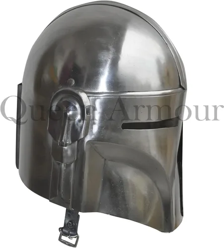 Vista 2 de Queen Armour Casco mandaloriano de metal de acero con forro y correa de barbilla para LARP Cosplay juego de roles Halloween máscara facial