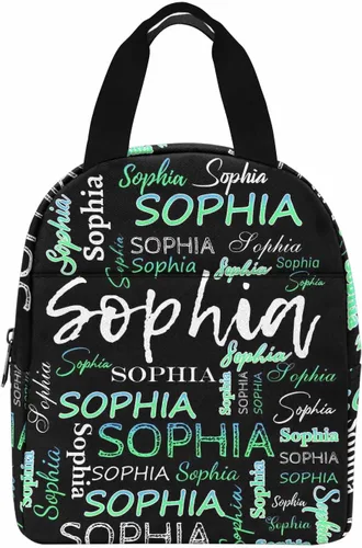 Vista 29 de InterestPrint Bolsa de almuerzo con nombre personalizado para hombres y mujeres, color rosa, blanco y negro, con lunares personalizados, enfriador