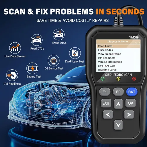 Vista 2 de BluSon YM319 - Escáner OBD2, herramienta de diagnóstico con probador de batería, lector de código de falla del motor con datos en vivo, impresión