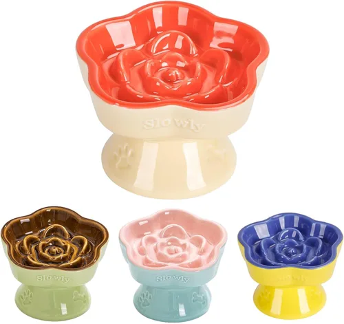 Vista 4 de Ceramic Dog and Cats Slow Feeder Treats Bowl with Raised Design for Small Pet Helps Choking and Improves Digestion Pet Slow Feeder Bowl caramel