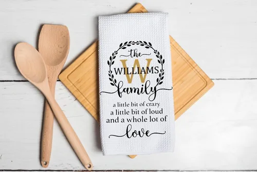 Vista 7 de Family Monogram - A Little Bit Of Crazy - Kitchen Towel - Personalized with any name. Microfiber White Waffle Weave Towel. 16 x 24 in. Absorbent, No