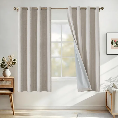 Vista 64 de Cortinas 100% opacas para dormitorio, cortinas opacas de 63 pulgadas de largo, cortinas opacas de lino para sala de estar, cortinas con ojales