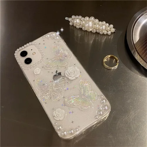 Vista 4 de Funda compatible con iPhone 11, diseño 3D de mariposas florales transparentes con diseño estético, para mujeres, adolescentes y niñas