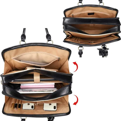 Vista 5 de Kattee Maletín de cuero genuino para mujer, bolsa de computadora portátil de gran capacidad con etiqueta de equipaje Negro