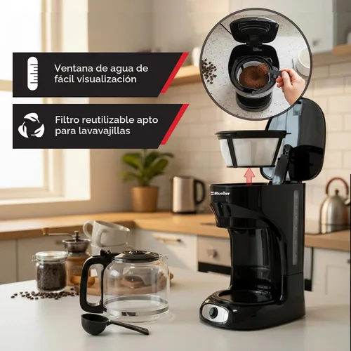 Vista 5 de Mueller - Cafetera de goteo de 12 tazas, jarra de borosilicato, apagado automático, filtro reutilizable, antigoteo, función de mantener el calor