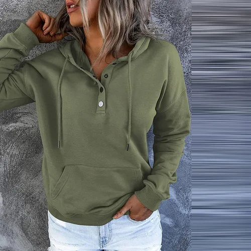 Vista 2 de Ogiraw Sudaderas con capucha para mujer, cuello de botón, con cordón, sudaderas elegantes y casuales de manga larga con bolsillo 2023