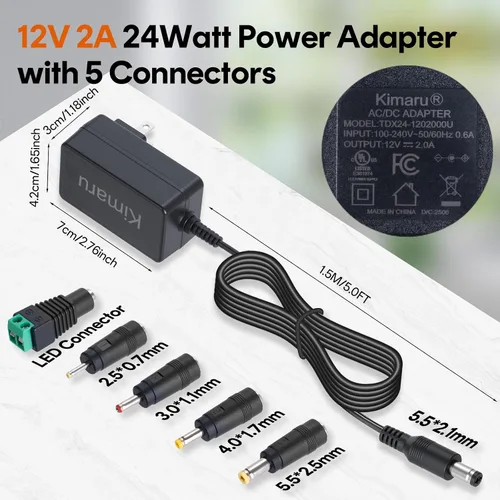 Vista 2 de Kimaru Adaptador de corriente de 12 V 2 A, certificación UL, 12 voltios, 2000 mA, cable de alimentación de CA a CC con 5 puntas para tiras LED