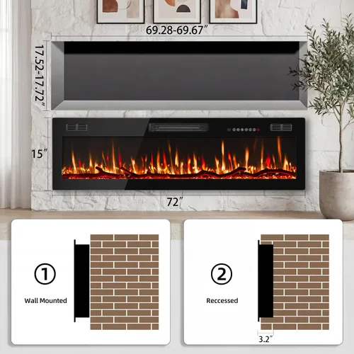 Vista 2 de Waleaf Chimenea eléctrica lineal delgada de 72 pulgadas con temporizador de 8 horas y diseño seguro de sobrecalentamiento, calentador eléctrico