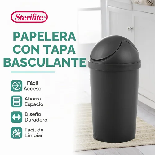 Vista 2 de Sterilite Paquete de 6 cestos de basura con tapa basculante, papelera redonda con tapa abatible de 3 galones, negro