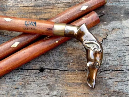 Vista 2 de Mango de cabeza de perro de latón macizo antiguo, bastón de madera para caminar, bastón de diseñador vintage
