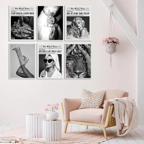 Vista 4 de Juego de 6 láminas de arte de pared feminista en blanco y negro – Impresiones elegantes estilo academia, preppy, glam, retro al estilo de periódico
